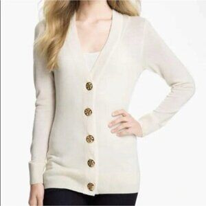 Tory Burch Simone Cardigan Womens XS Cream Merino Wool Gold Buttons Knit Neutral